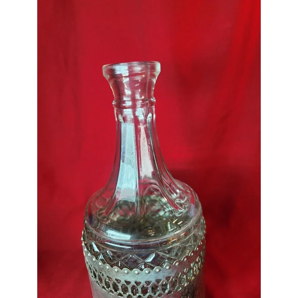 Silver Plated Caddy Bottle Hand Hammered VTG 11'' Crystal Decanter Liquor